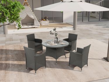 5 Piece Outdoor Dining Set All-Weather Wicker Patio Dining Table and Chairs with Cushions, Round Tempered Glass Tabletop with Umbrella Cutout for Pati