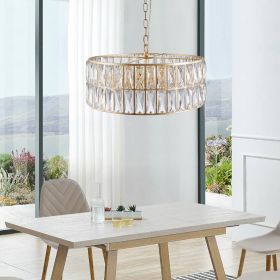 Modern Crystal Drum Chandelier, 6-Light Pendant Lighting Fixture with Golden Metal Frame for Living Room, Dining Room, and Bedroom (Bulbs Not Included