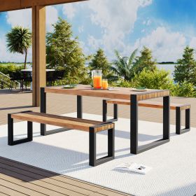 GO 3-pieces Outdoor Dining Table With 2 Benches, Patio Dining Set With Unique Top Texture, Acacia Wood Top & Steel Frame, All Weather Use, For Outdoor