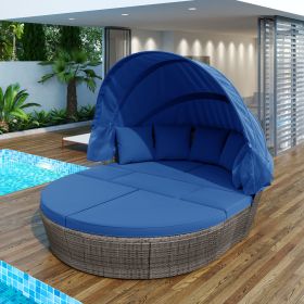 GO Outdoor rattan daybed sunbed with Retractable Canopy Wicker Furniture, Round Outdoor Sectional Sofa Set, Gray Wicker Furniture Clamshell Seating wi