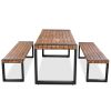 GO 3-pieces Outdoor Dining Table With 2 Benches, Patio Dining Set With Unique Top Texture, Acacia Wood Top & Steel Frame, All Weather Use, For Outdoor