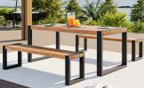 GO 3-pieces Outdoor Dining Table With 2 Benches, Patio Dining Set With Unique Top Texture, Acacia Wood Top & Steel Frame, All Weather Use, For Outdoor