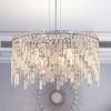 Luxurious Round Silver Crystal Chandelier, Contemporary Rectangular Pendant Light for Dining Room, Living Room, and Grand Foyers (Bulbs Not Included)