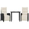 3 Piece Patio Dining Set with Cushions Black Poly Rattan