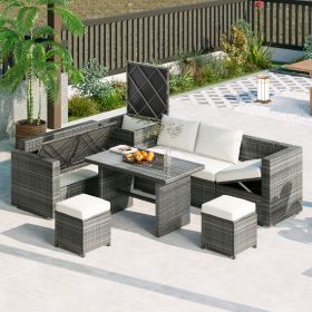 Outdoor 6-Piece All Weather PE Rattan Sofa Set; Garden Patio Wicker Sectional Furniture Set with Adjustable Seat; Storage Box; Removable Covers and Te (Color: Beige)