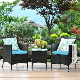 3 Pieces Ergonomic Wicker Patio Conversation Set (Color: Blue)