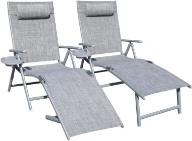 Aluminum Outdoor Folding Reclining Adjustable Patio Chaise Lounge Chair with Pillow for Poolside Backyard and Beach Set of 2 (Color: Grey)